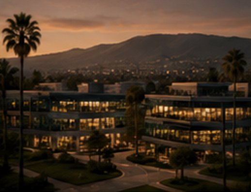 Silicon Valley tech campus at dusk